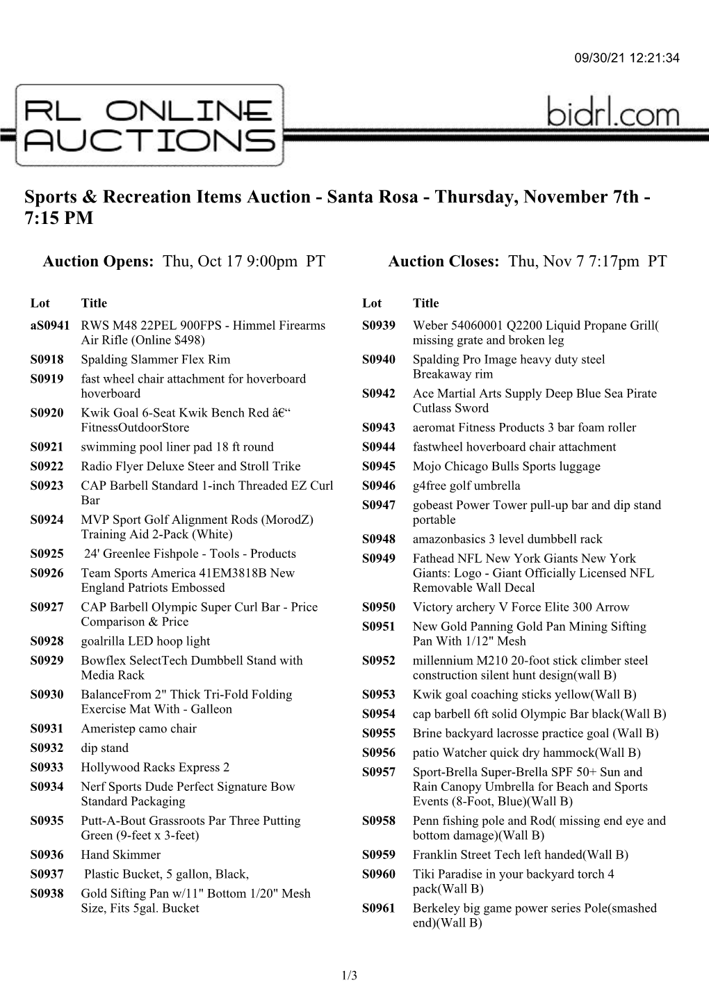 Sports & Recreation Items Auction