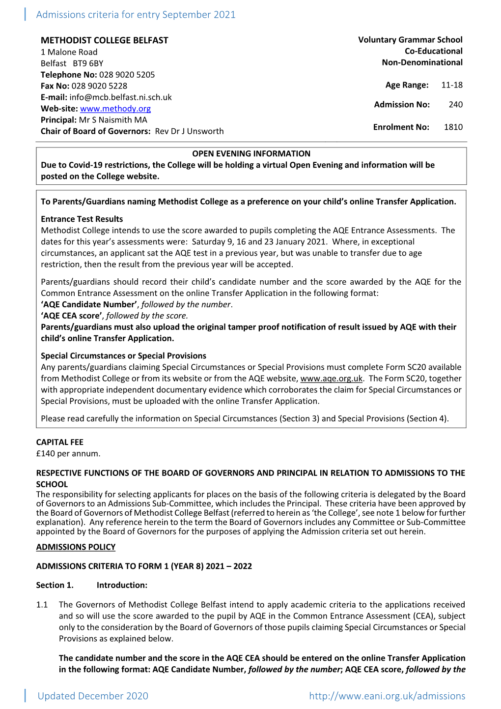 Admissions Criteria for Entry September 2021 Updated