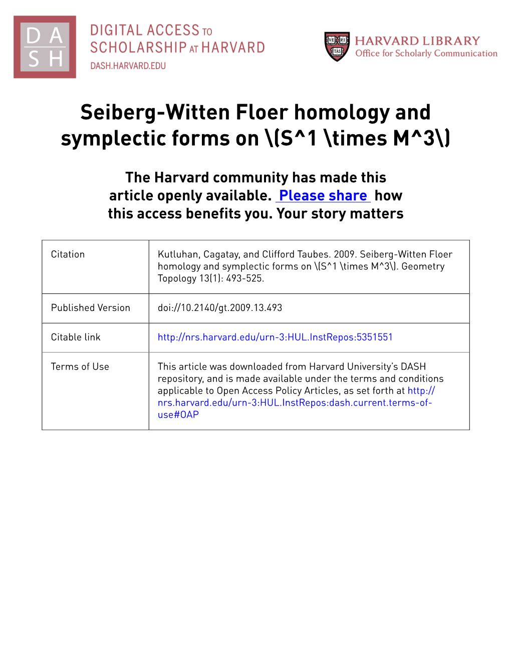 Seiberg-Witten Floer Homology and Symplectic Forms on \(S^1 \Times M^3\)