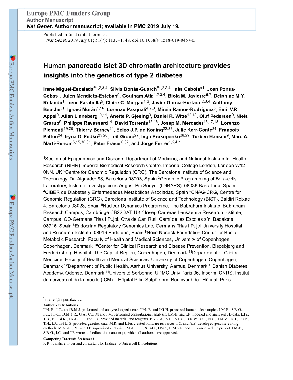 Human Pancreatic Islet 3D Chromatin Architecture Provides Insights Into the Genetics of Type 2 Diabetes