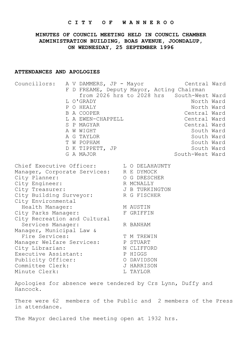 Ordinary Meeting of Council Has Been Scheduled for WEDNESDAY 23 OCTOBER 1996