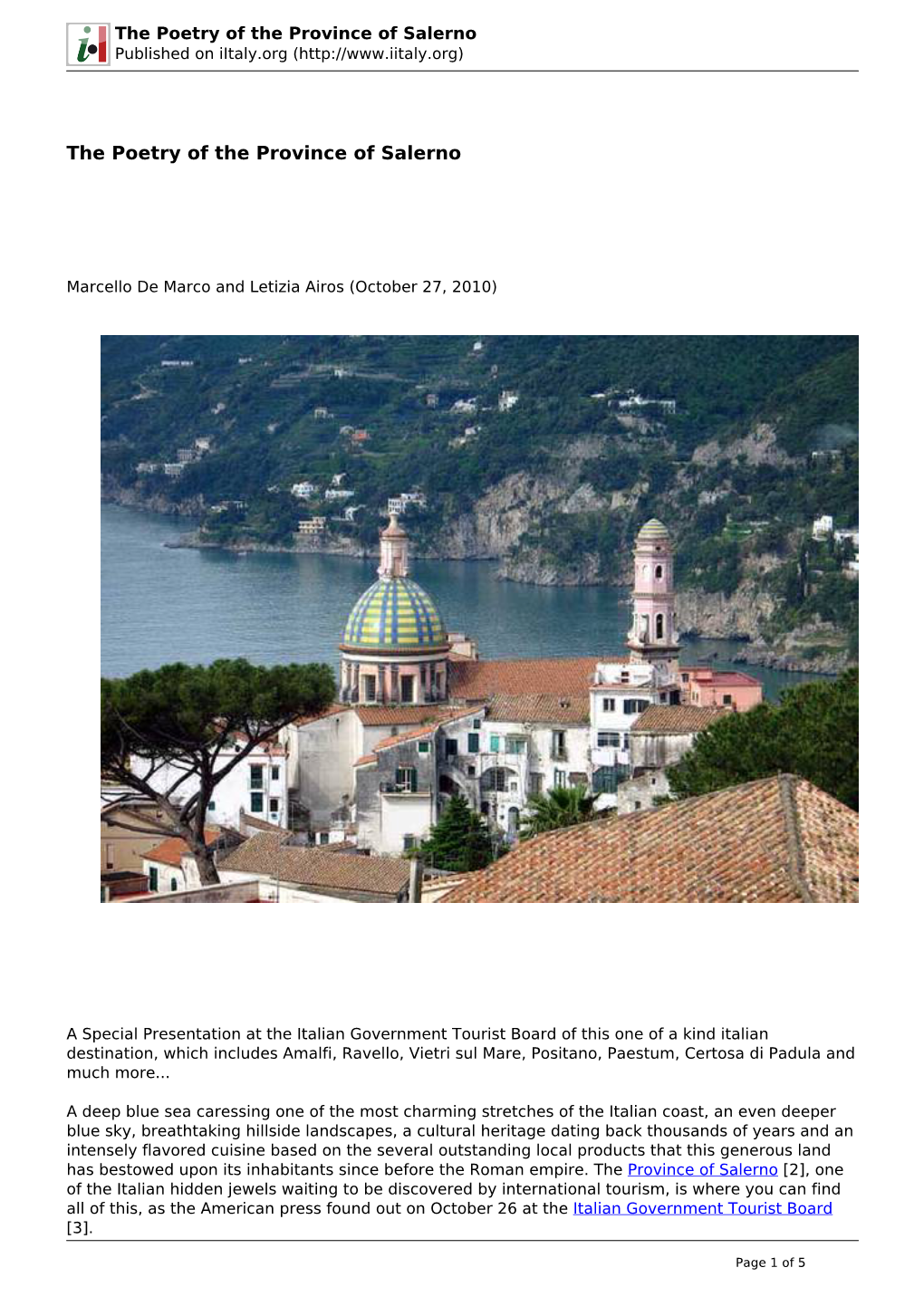 The Poetry of the Province of Salerno Published on Iitaly.Org (