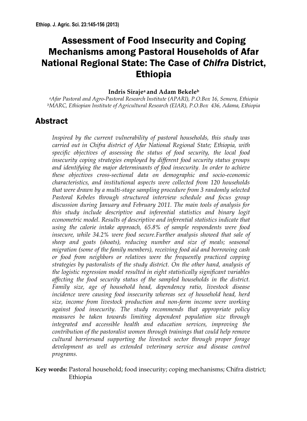 Assessment of Food Insecurity and Coping Mechanisms Among Pastoral Households of Afar National Regional State: the Case of Chifra District, Ethiopia