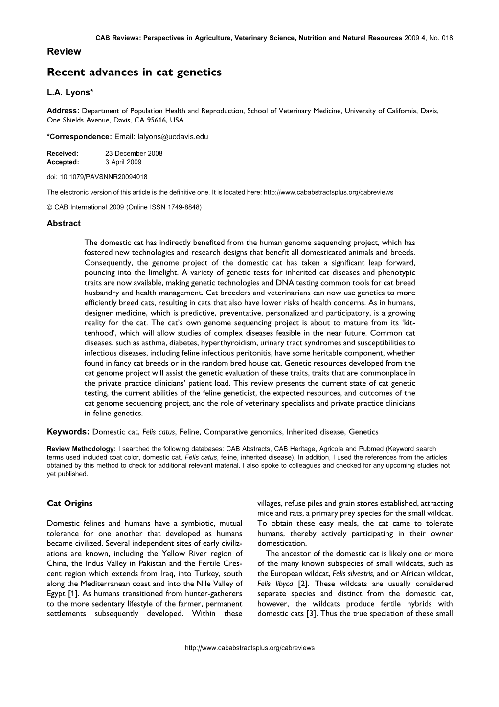 Recent Advances in Cat Genetics