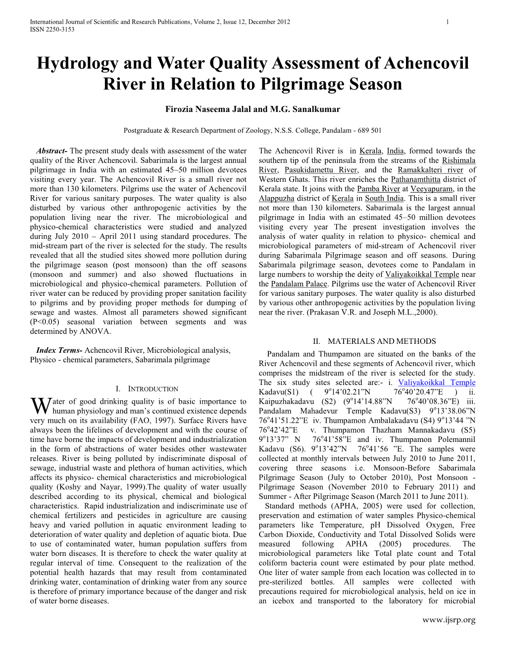 Hydrology and Water Quality Assessment of Achencovil River in Relation to Pilgrimage Season