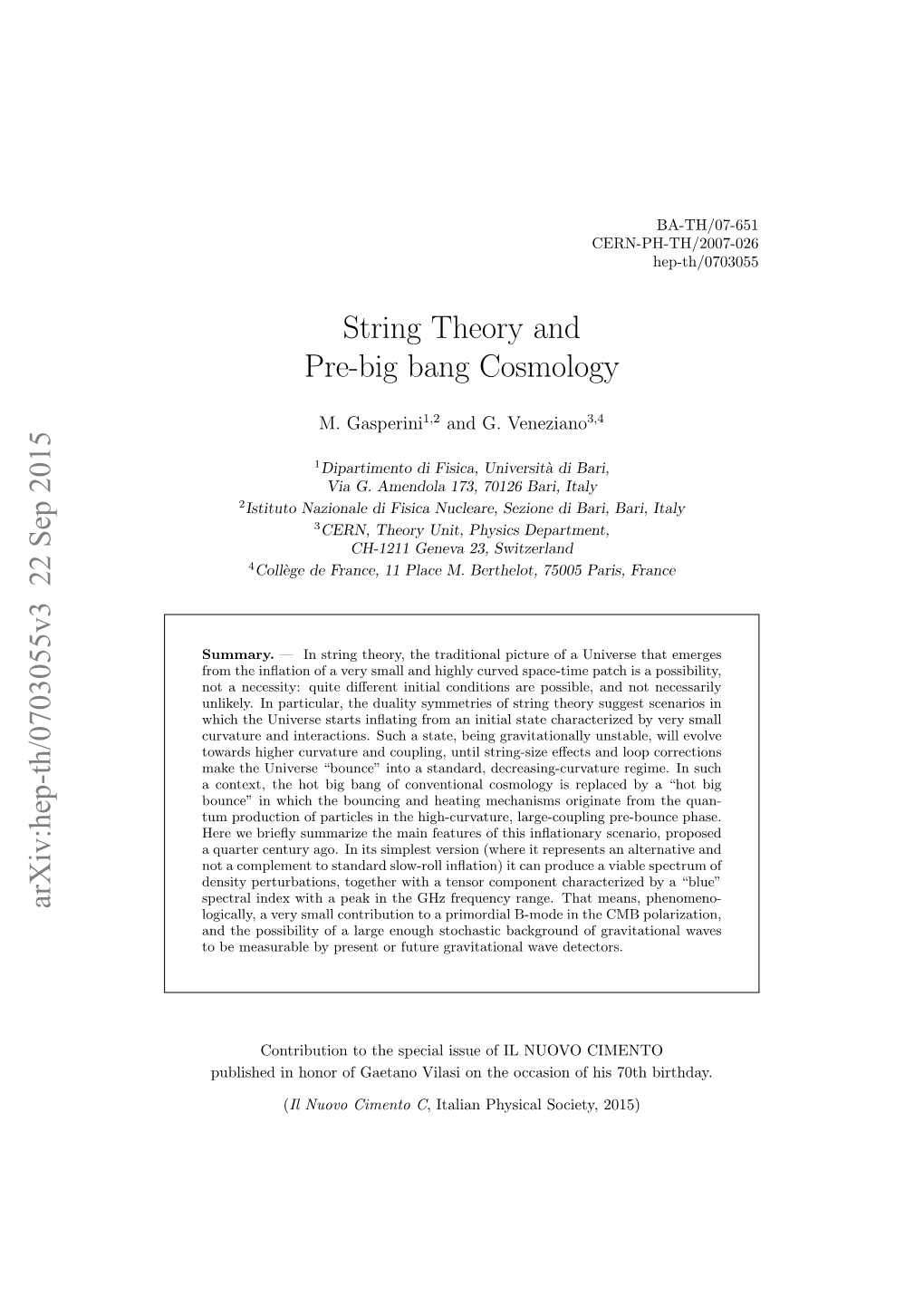 String Theory and Pre-Big Bang Cosmology Arxiv:Hep-Th