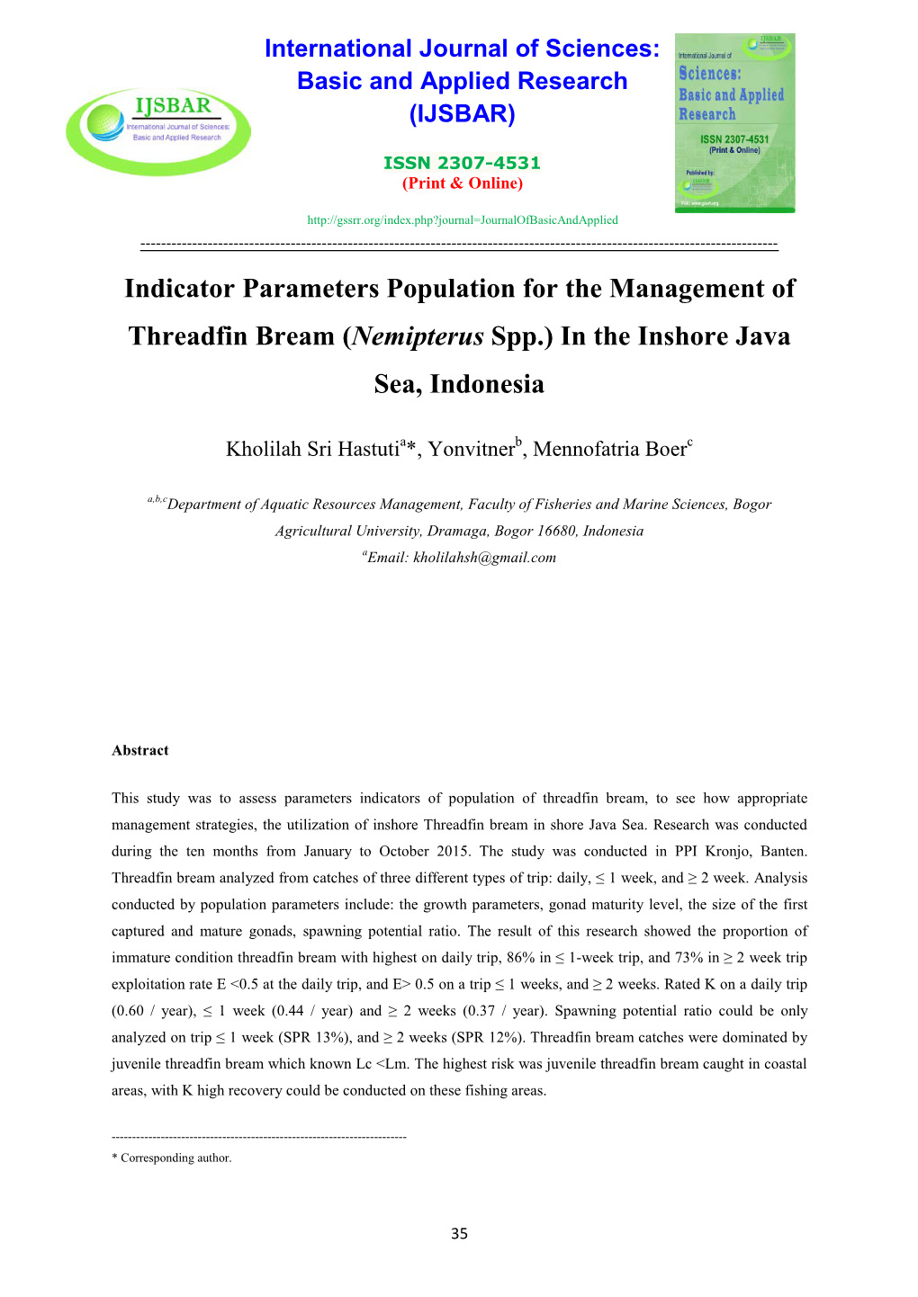 Nemipterus Spp.) in the Inshore Java Sea, Indonesia