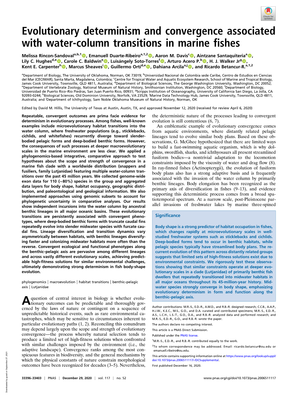 Evolutionary Determinism and Convergence Associated with Water-Column Transitions in Marine Fishes