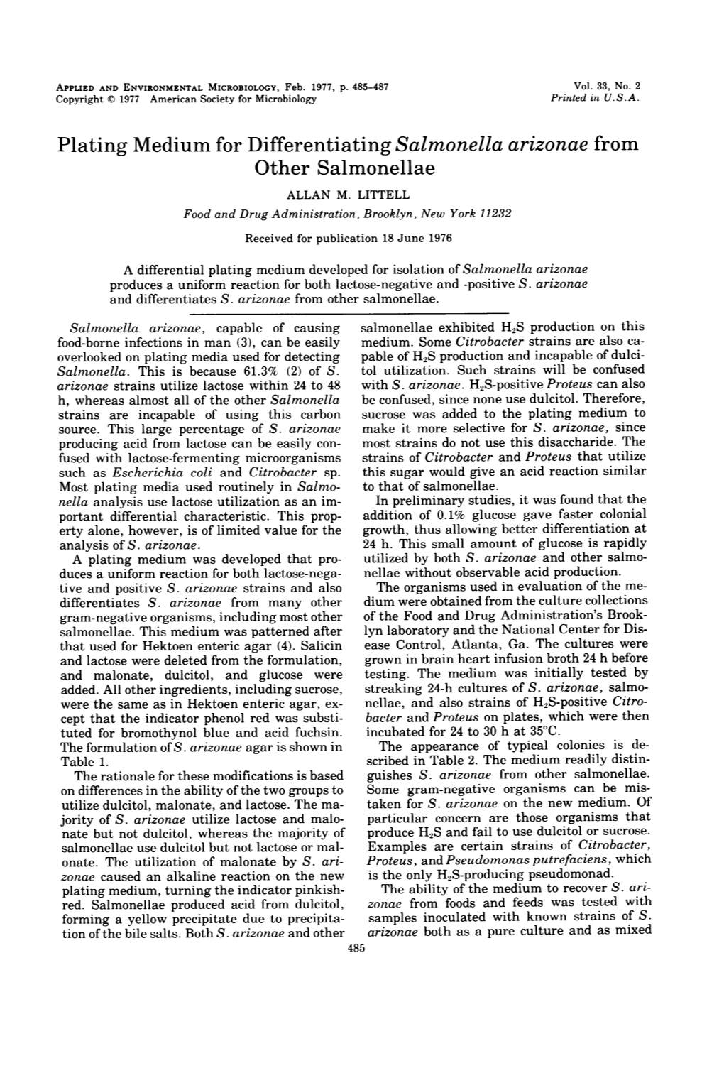 Plating Medium for Differentiatingsalmonella Arizonae from Other Salmonellae