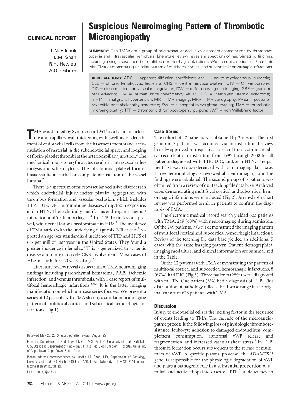 Suspicious Neuroimaging Pattern of Thrombotic Microangiopathy