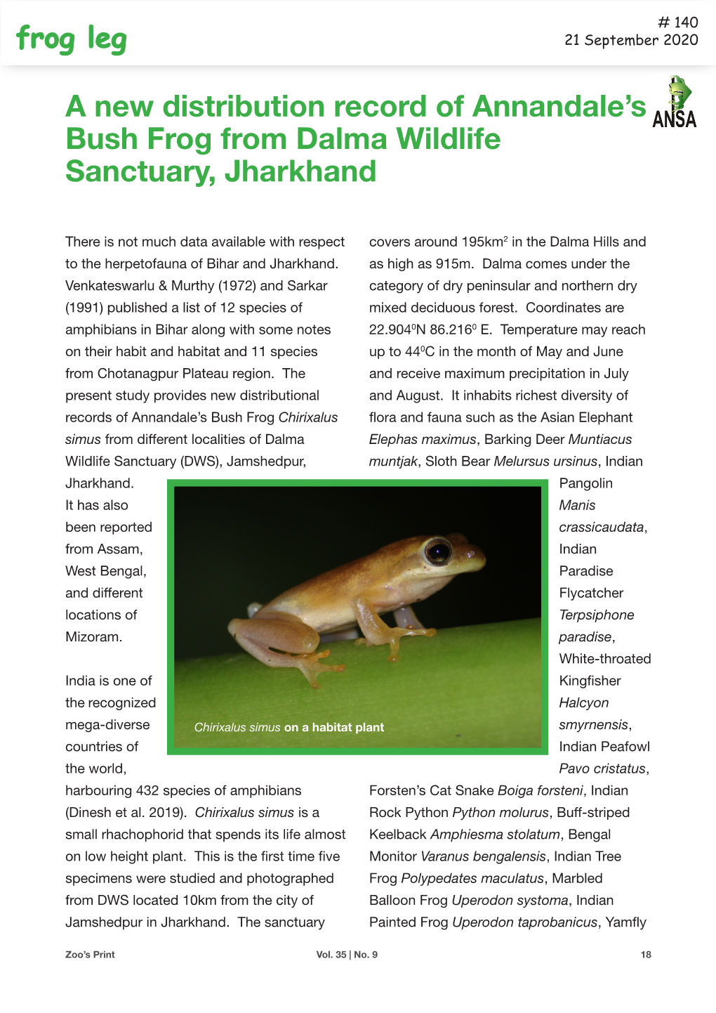 A New Distribution Record of Annandale's Bush Frog from Dalma Wildlife Sanctuary, Jharkhand