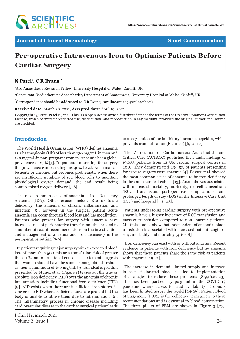 Pre-Operative Intravenous Iron to Optimise Patients Before Cardiac Surgery