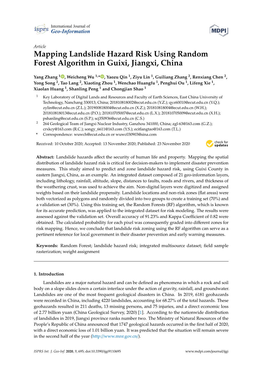 Mapping Landslide Hazard Risk Using Random Forest Algorithm in Guixi, Jiangxi, China