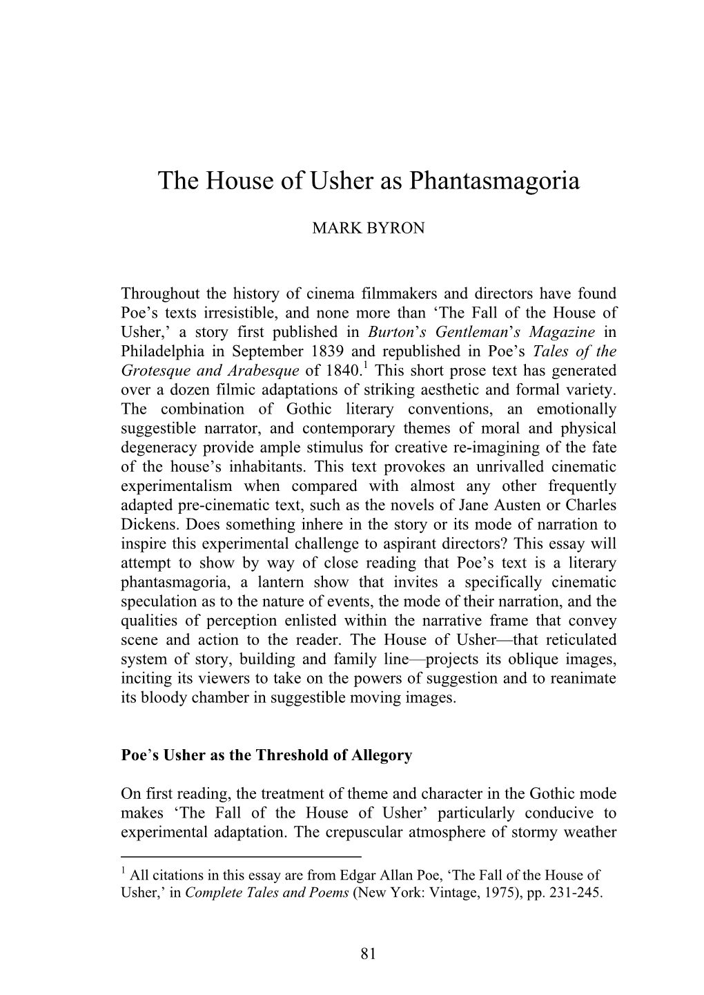 The House of Usher As Phantasmagoria