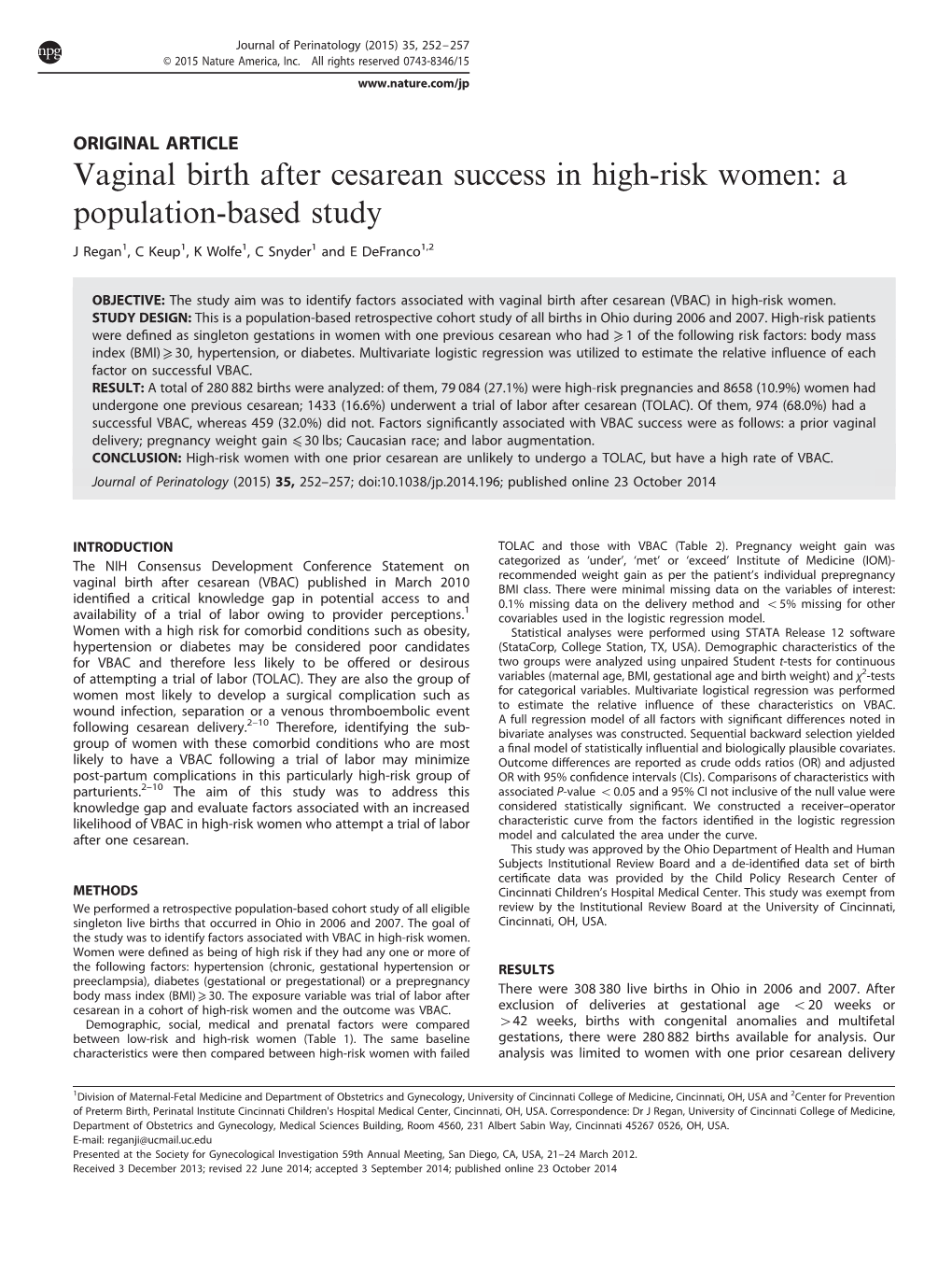Vaginal Birth After Cesarean Success in High-Risk Women: a Population-Based Study