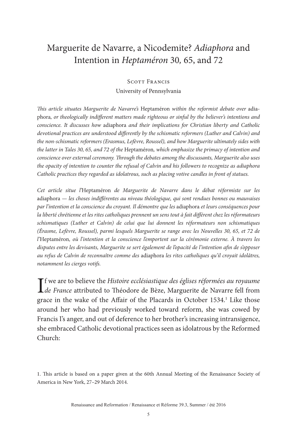 Marguerite De Navarre, a Nicodemite? Adiaphora and Intention in Heptaméron 30, 65, and 72