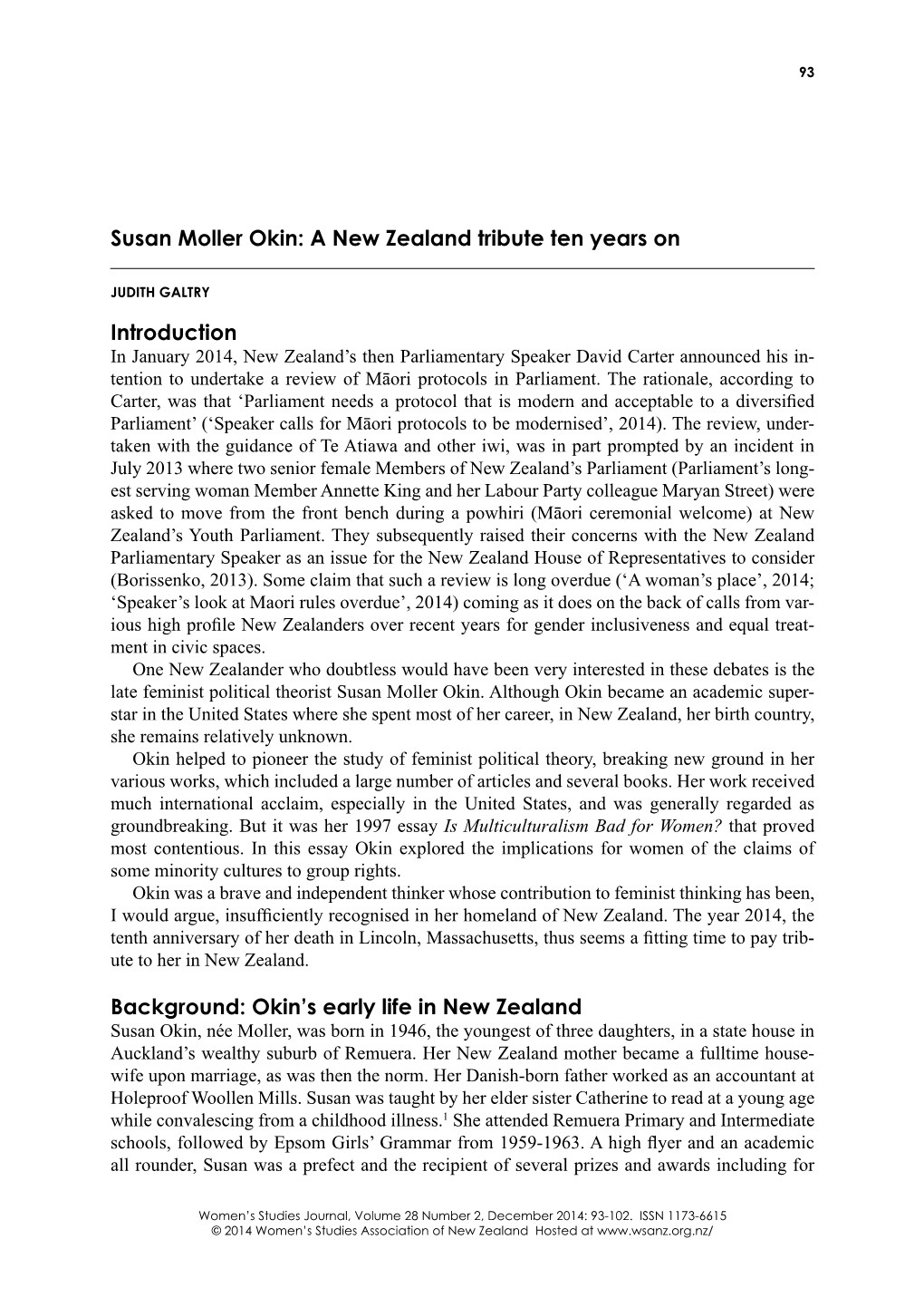 Susan Moller Okin: a New Zealand Tribute Ten Years On