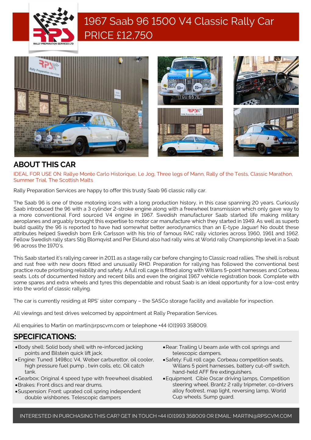 1967 Saab 96 1500 V4 Classic Rally Car PRICE £12,750