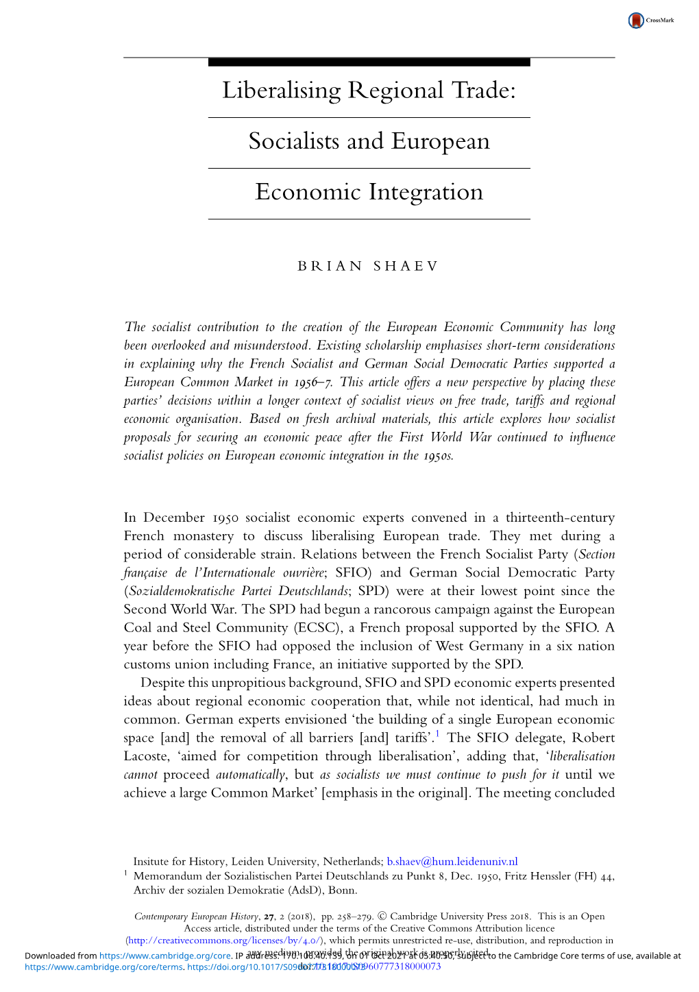 Liberalising Regional Trade: Socialists and European Economic Integration