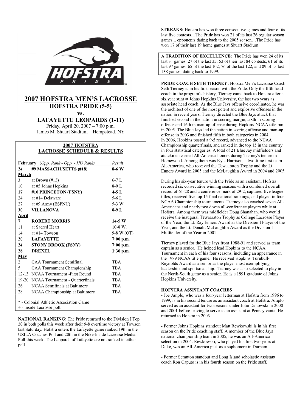 2007 Hofstra Men's Lacrosse HOFSTRA Combined Team Statistics (As of Apr 16, 2007) All Games RECORD: OVERALL HOME AWAY NEUTRAL ALL GAMES