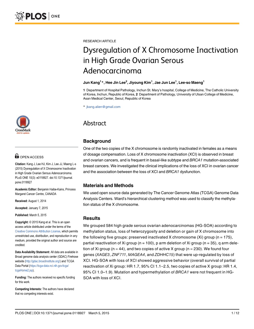 Dysregulation of X Chromosome Inactivation in High Grade Ovarian Serous Adenocarcinoma