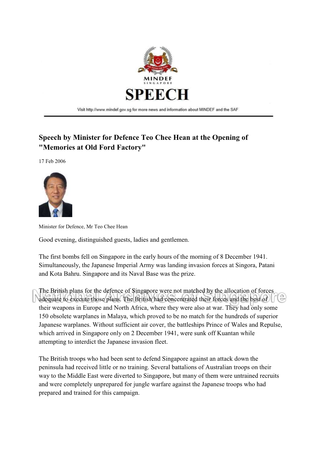 Speech by Minister for Defence Teo Chee Hean at the Opening of "Memories at Old Ford Factory"