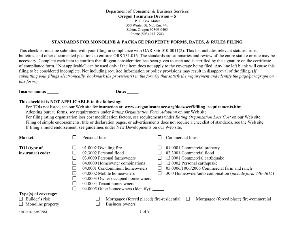 Form 3618, Standards for Monoline and Package Property Forms, Rates, and Rules Filing