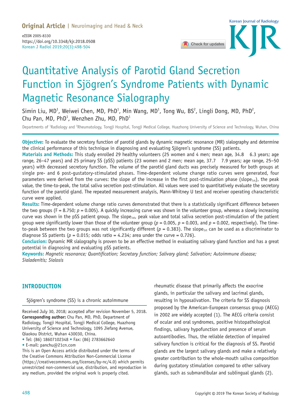 Quantitative Analysis of Parotid Gland Secretion Function in Sjögren's Syndrome Patients with Dynamic Magnetic Resonance Sial