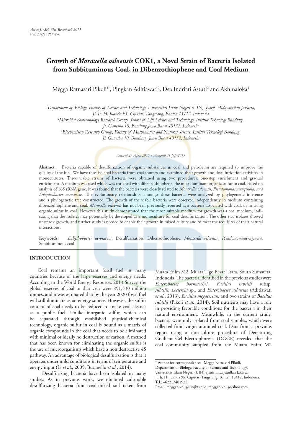 Growth of Moraxella Osloensis COK1, a Novel Strain of Bacteria Isolated from Subbituminous Coal, in Dibenzothiophene and Coal Medium