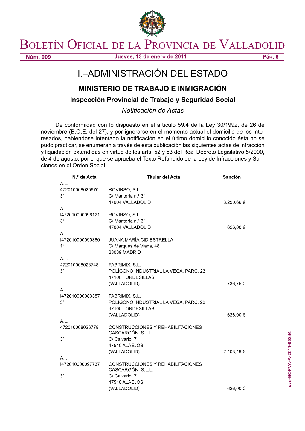 Boletín Oficial De La Provincia De Valladolid Núm