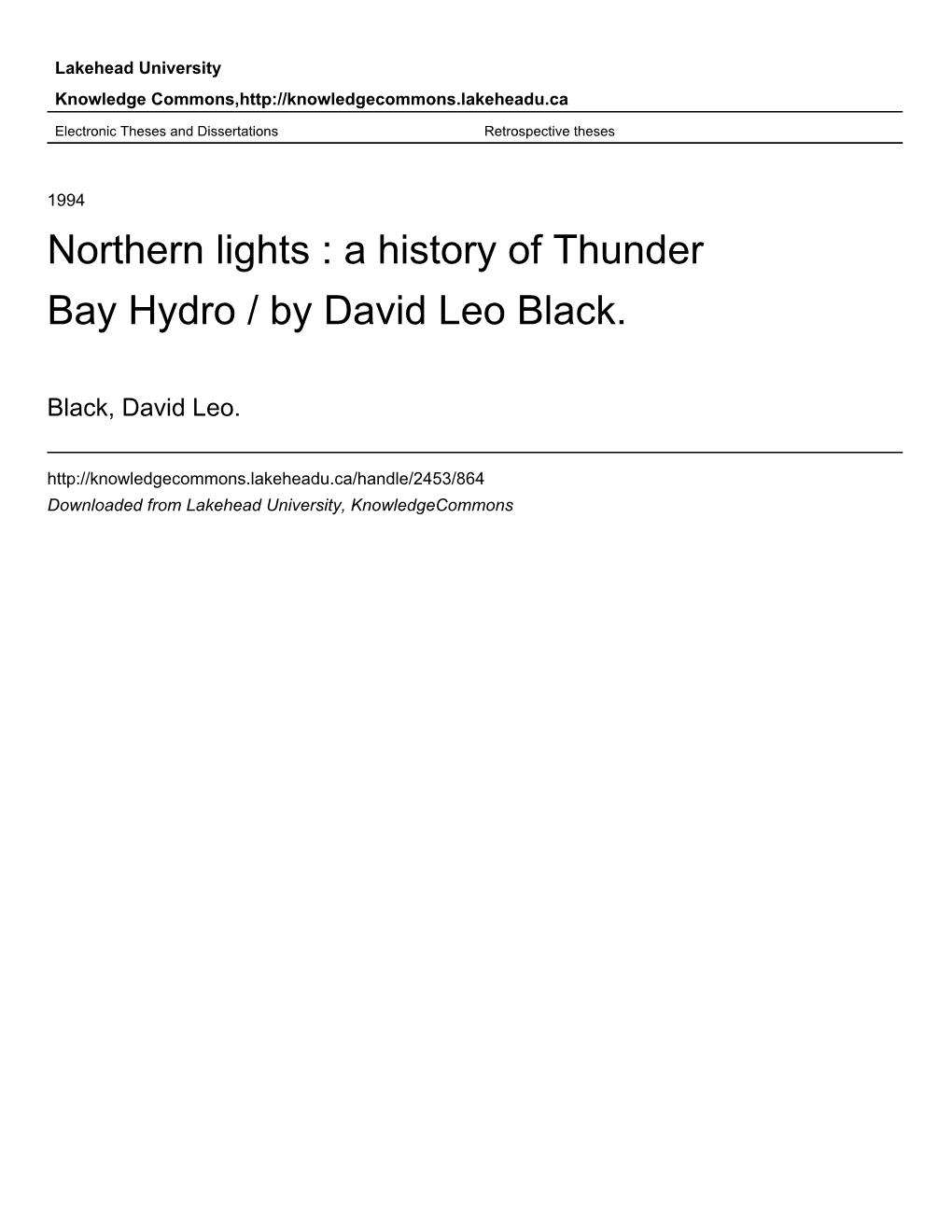 Northern Lights : a History of Thunder Bay Hydro / by David Leo Black