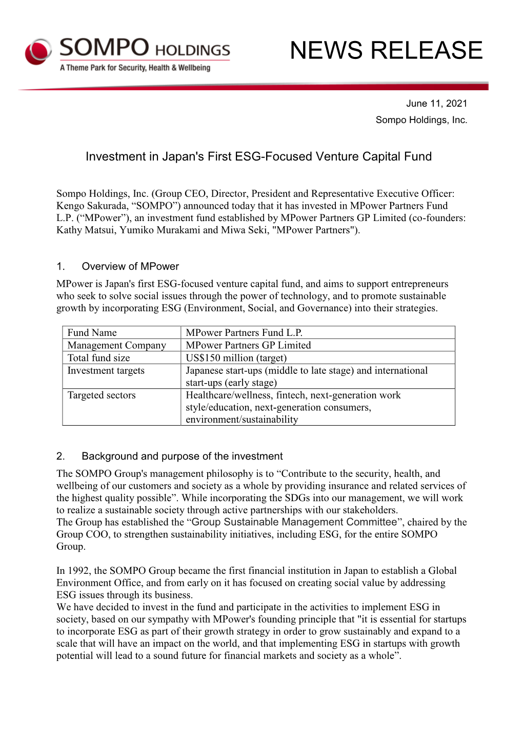 Investment in Japan's First ESG-Focused Venture Capital Fund