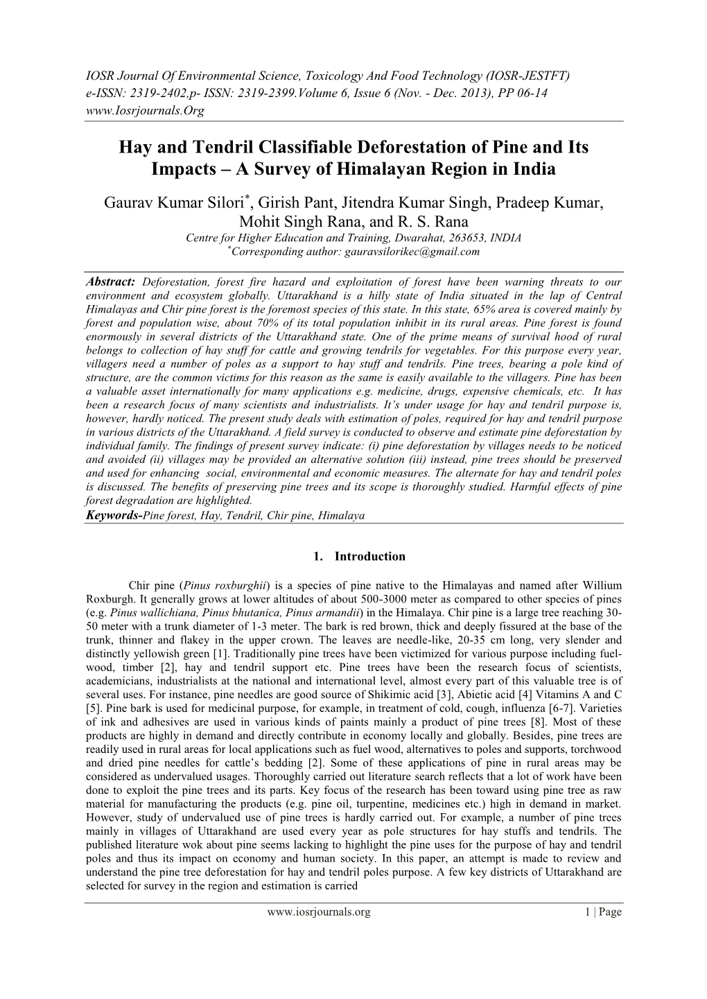 Hay and Tendril Classifiable Deforestation of Pine and Its Impacts – a Survey of Himalayan Region in India