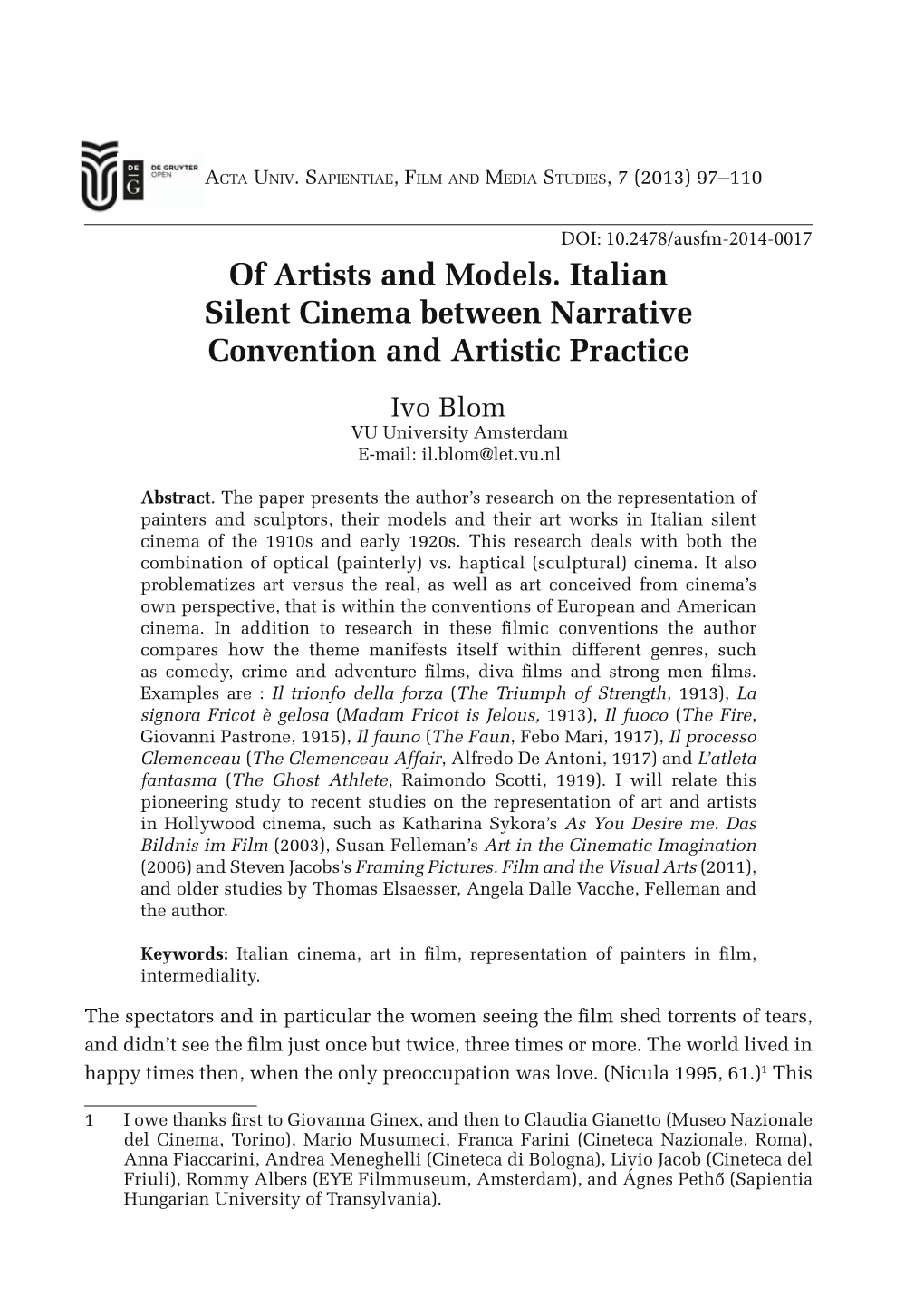 Of Artists and Models. Italian Silent Cinema Between Narrative Convention and Artistic Practice Ivo Blom VU University Amsterdam E-Mail: Il.Blom@Let.Vu.Nl