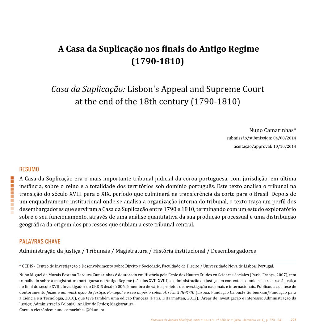 A Casa Da Suplicação Nos Finais Do Antigo Regime (1790-1810) Casa Da Suplicação: Lisbon's Appeal and Supreme Court at the En