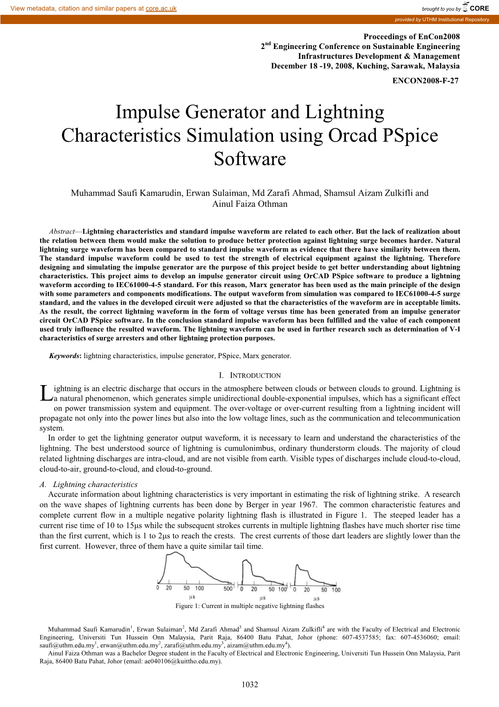 Impulse Generator and Lightning Characteristics Simulation Using Orcad Pspice Software