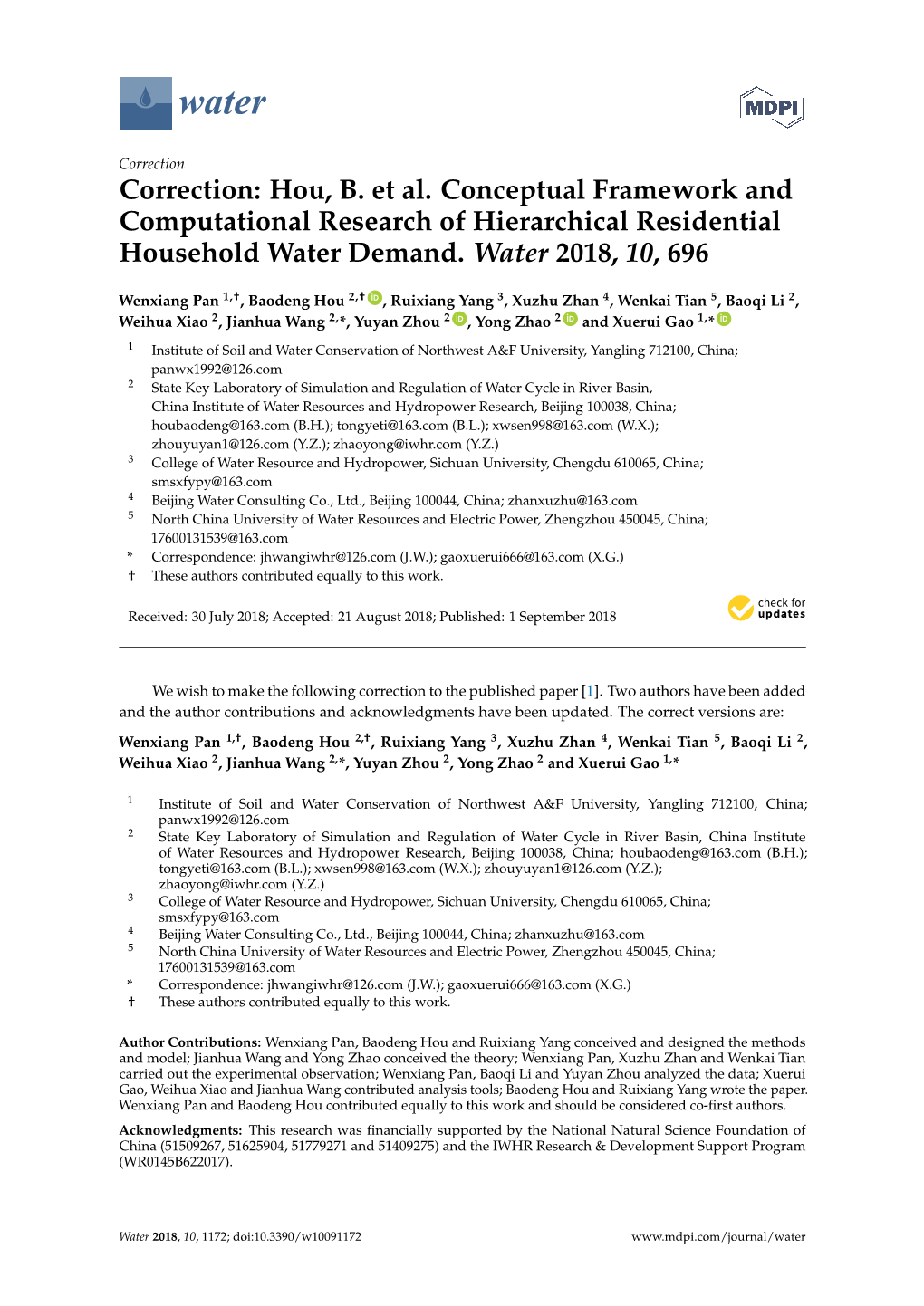 Correction: Hou, B. Et Al. Conceptual Framework and Computational Research of Hierarchical Residential Household Water Demand