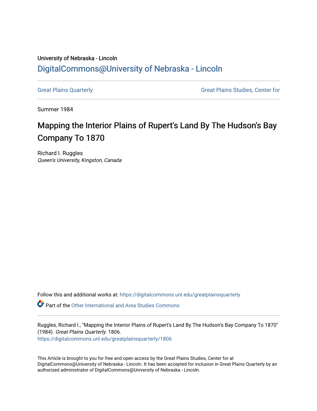 Mapping the Interior Plains of Rupert's Land by the Hudson's Bay Company to 1870