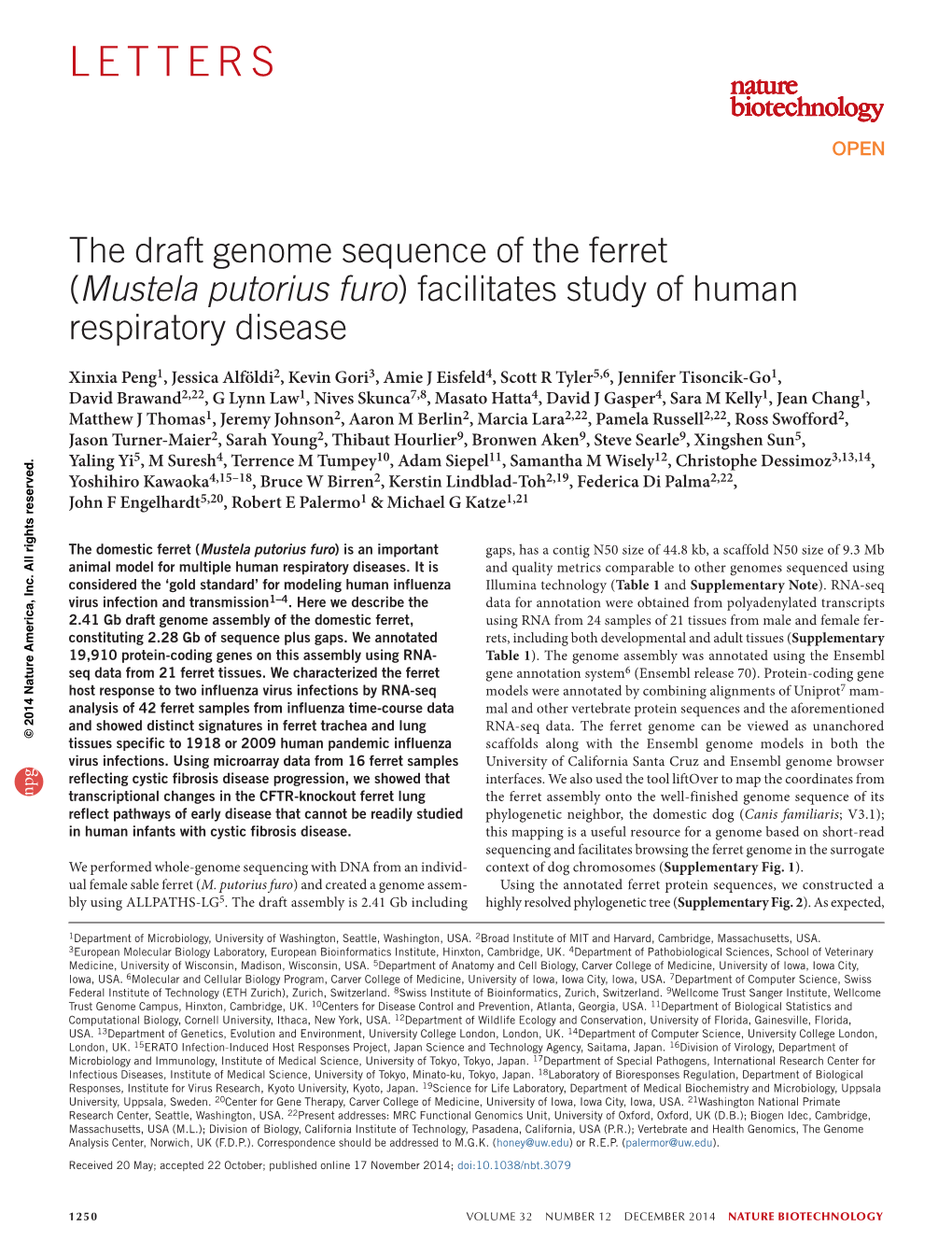 The Draft Genome Sequence of the Ferret (Mustela Putorius Furo) Facilitates Study of Human Respiratory Disease