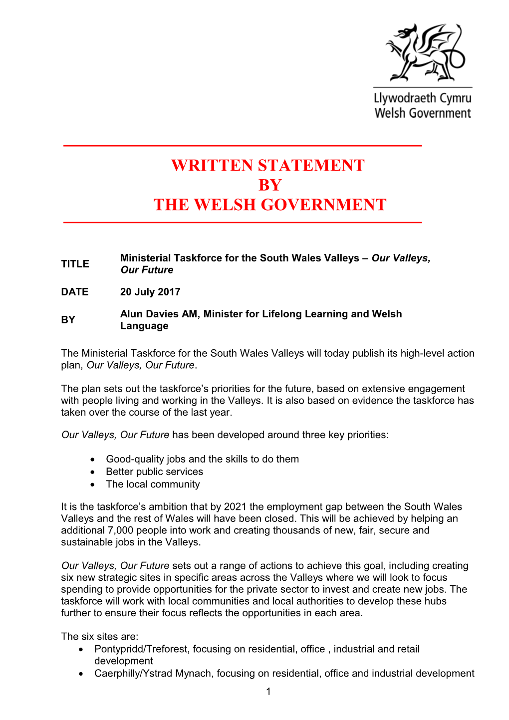 Ministerial Taskforce for the South Wales Valleys Our Valleys, Our Future