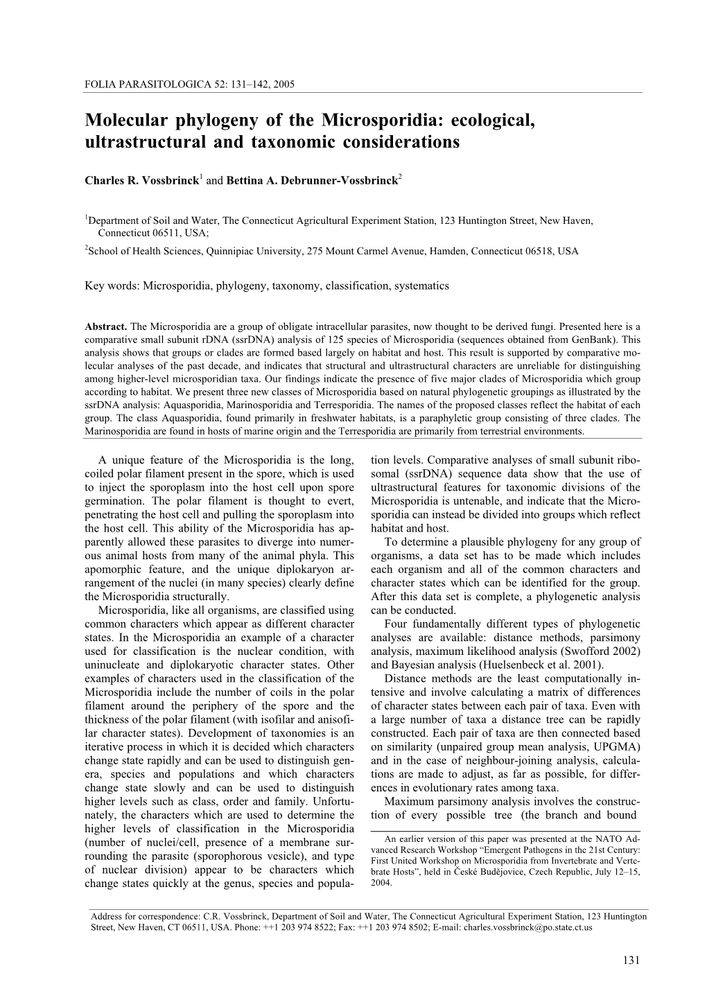 Molecular Phylogeny of the Microsporidia: Ecological, Ultrastructural and Taxonomic Considerations