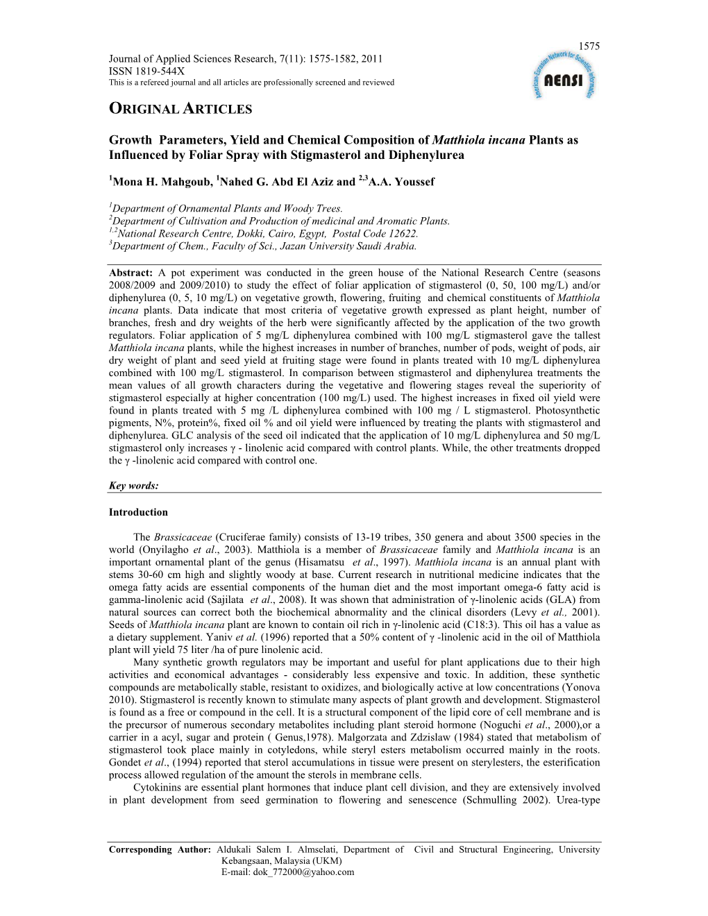 ORIGINAL ARTICLES Growth Parameters, Yield and Chemical