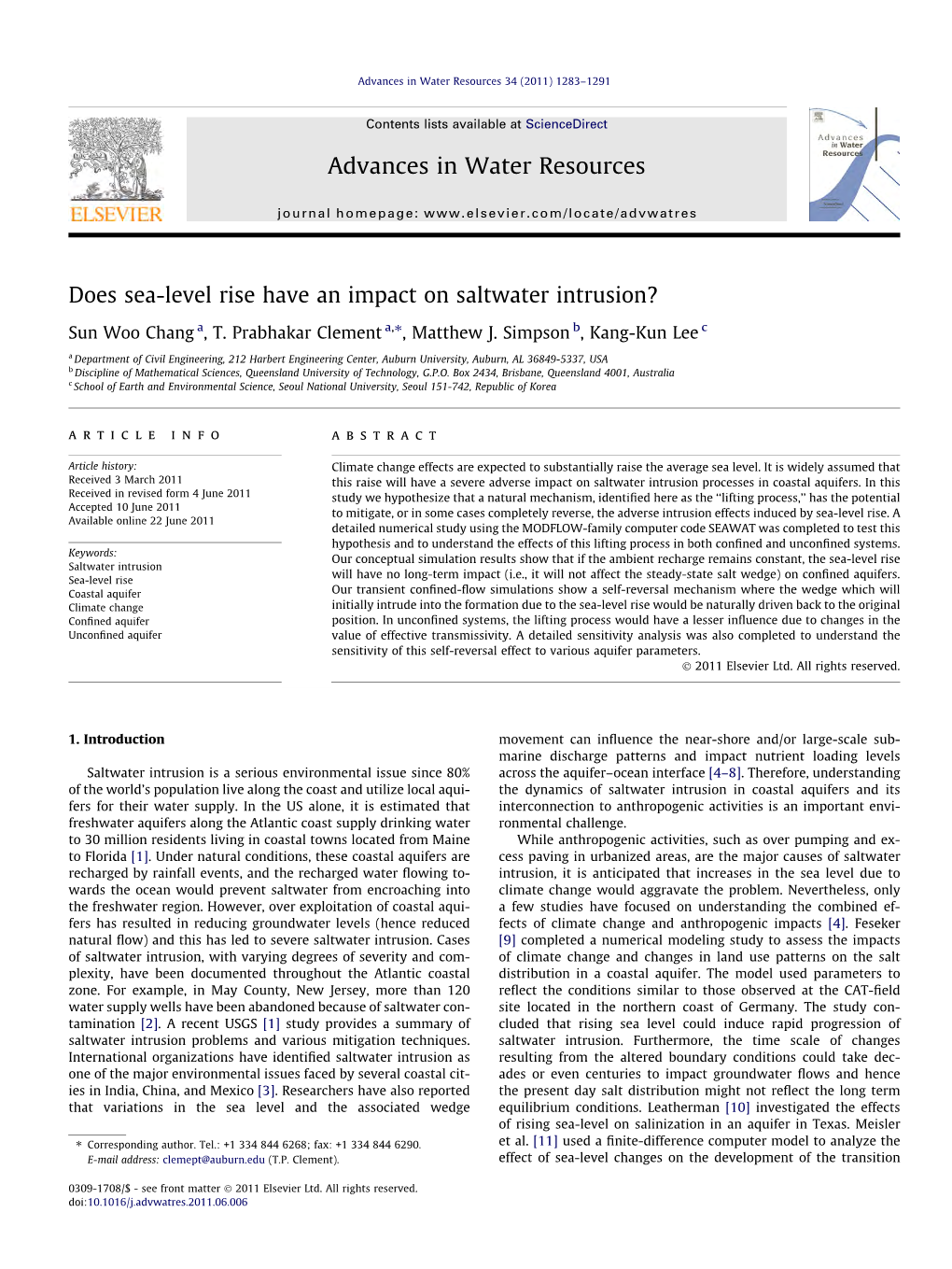 Does Sea-Level Rise Have an Impact on Saltwater Intrusion? ⇑ Sun Woo Chang A, T