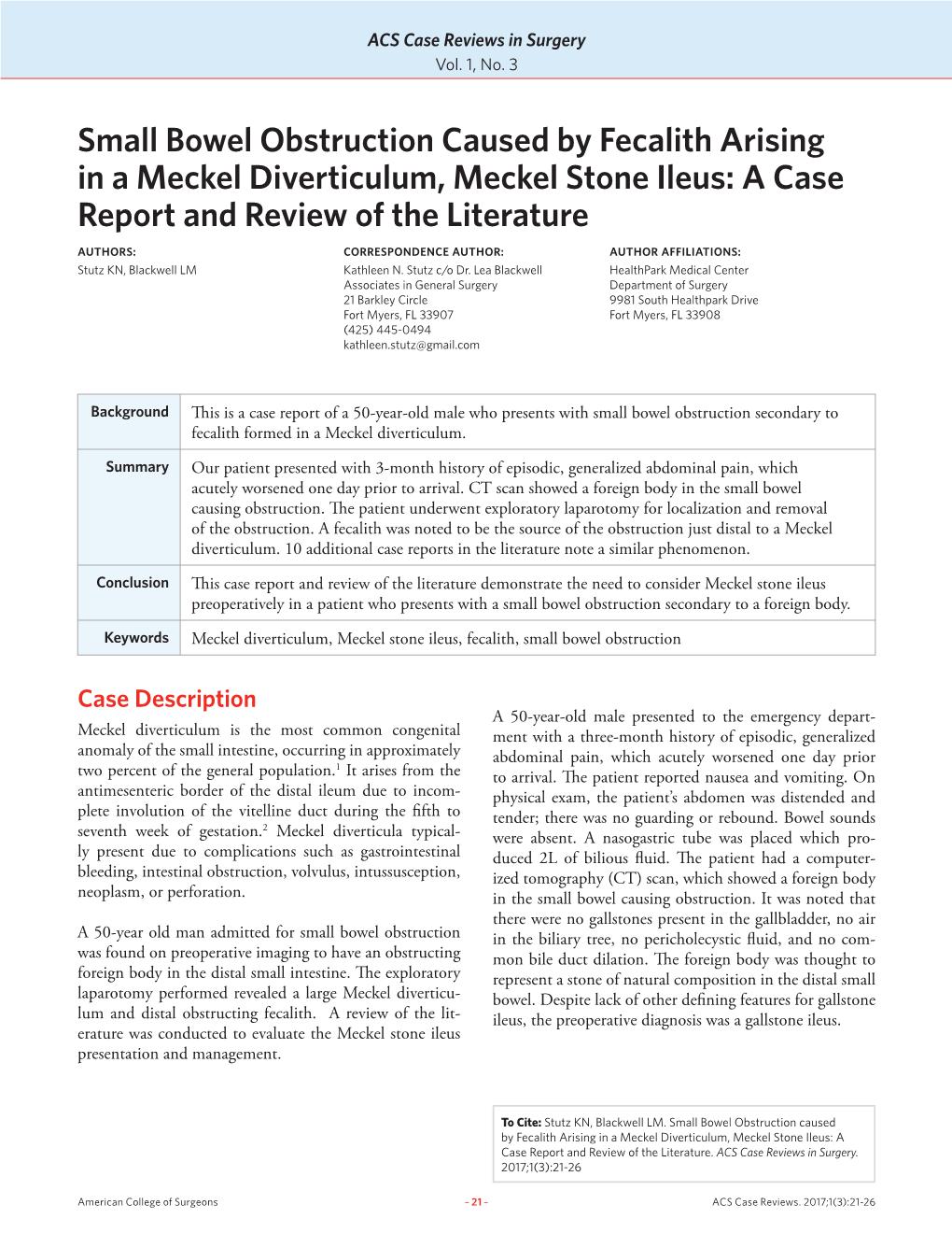 Small Bowel Obstruction Caused by Fecalith Arising in a Meckel Diverticulum, Meckel Stone Ileus: a Case Report and Review of the Literature