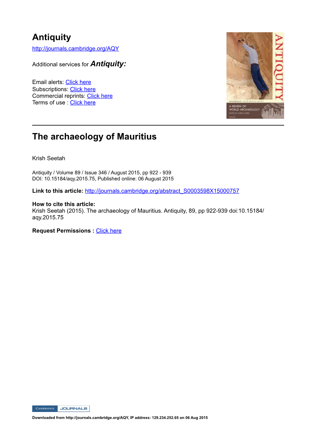 Antiquity the Archaeology of Mauritius