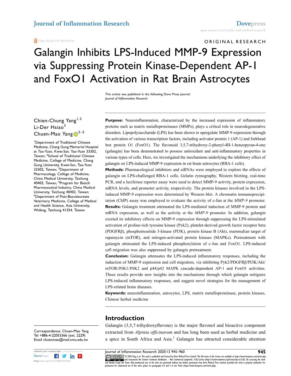Galangin Inhibits LPS-Induced MMP-9 Expression Via Suppressing Protein Kinase-Dependent AP-1 and Foxo1 Activation in Rat Brain Astrocytes