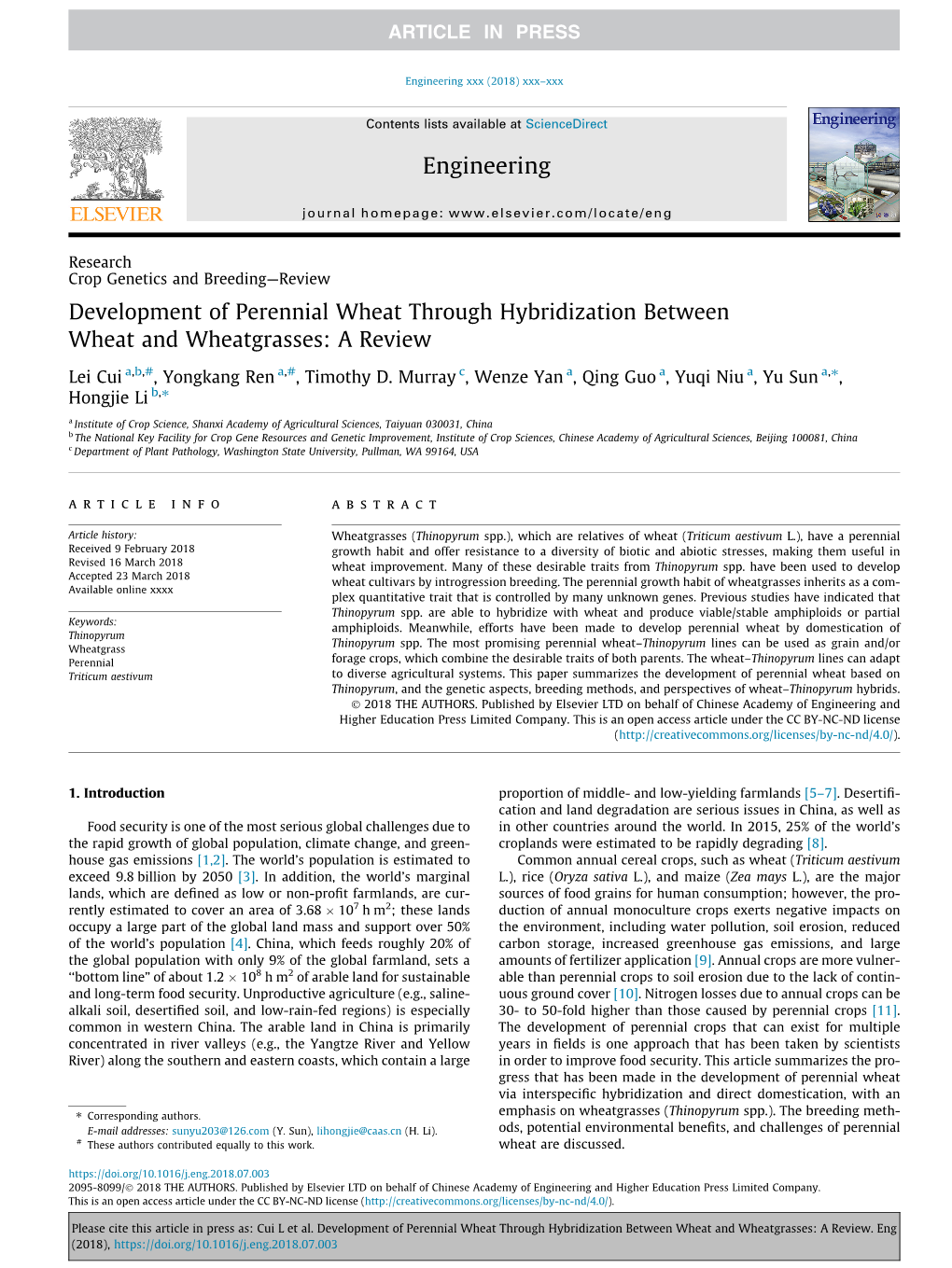 Development of Perennial Wheat Through Hybridization Between Wheat and Wheatgrasses: a Review ⇑ Lei Cui A,B,#, Yongkang Ren A,#, Timothy D