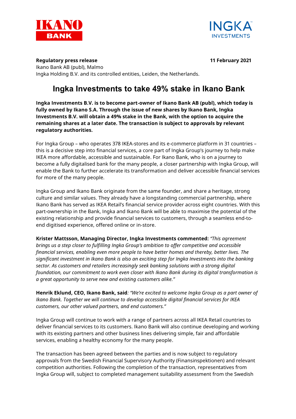 Ingka Investments to Take 49% Stake in Ikano Bank