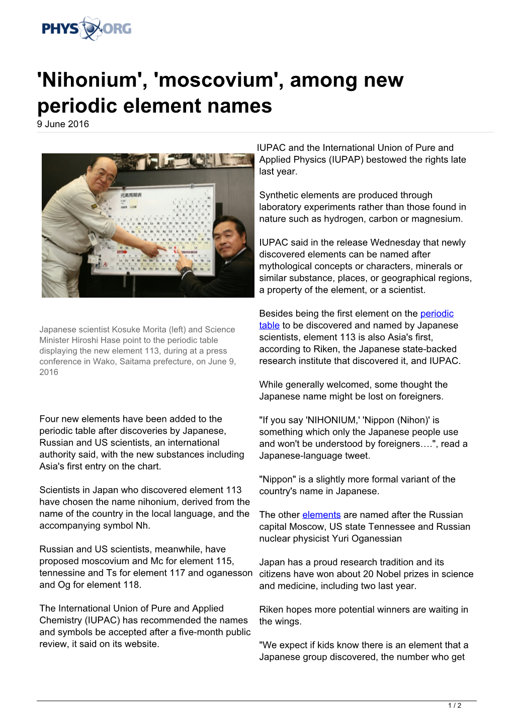 'Nihonium', 'Moscovium', Among New Periodic Element Names 9 June 2016