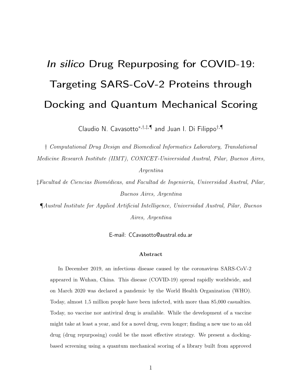 In Silico Drug Repurposing for COVID-19: Targeting SARS-Cov-2 Proteins Through Docking and Quantum Mechanical Scoring